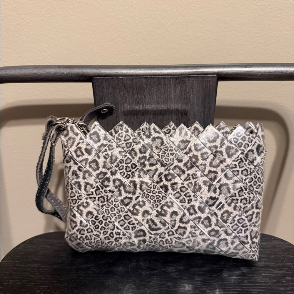 Nahui Ollin Gray Leopard Woven Wristlet Clutch Recycled Paper 7” x 5” Zip